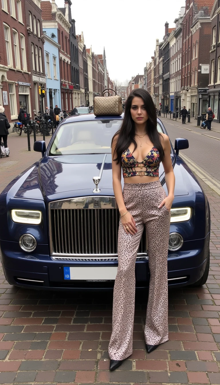 boring low quality snapchat photo circa 2015, leaning against a roll royce, on the hood is a gucci bag, she is wearing a full gucci outfit, the location is somewhere in Amsterdam