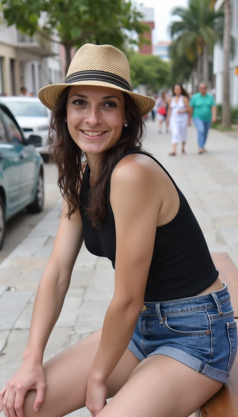 photo of young brunette woman CSTMDL, sitting on bench at street of Havana