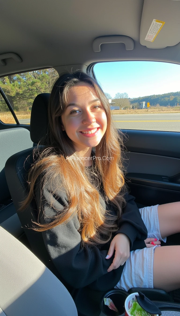boring low quality snapchat photo circa 2015, A young woman with a warm smile, sitting in the driver's seat of a cozy car. She has soft, wavy brown hair cascading past her shoulders. The sunlight streams through the window, casting a gentle glow on her face. The interior of the car is neat and comfortable, with a coffee cup in the cup holder and a small plant on the dashboard. The background outside the window shows a scenic road lined with trees and blue skies