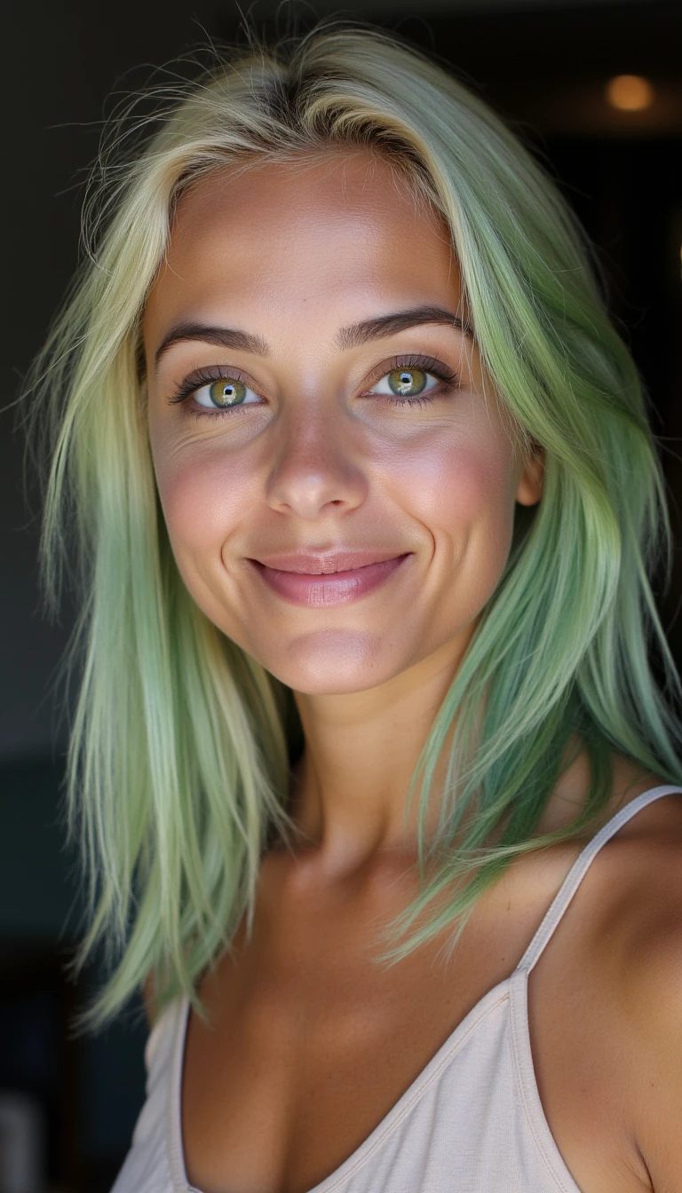 portrait of beautiful passionate petite fit young woman around 20years old looking to camera, beautiful big green eyes, platinum hair with little green shade, nice smile