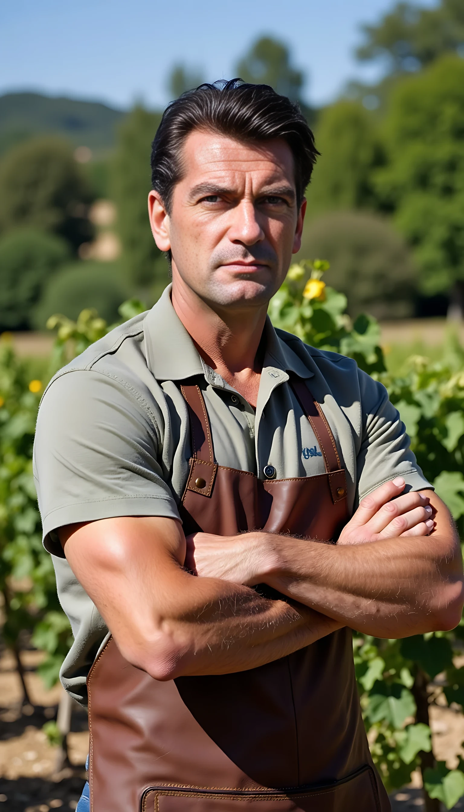 photo is taken in 2020. It's an 8k high quality photo of man CSTMDL, in his forties, black hair with some white hairs due to age, blue eyes. His arms are crossed on his chest in front of his french wineyard situated in Burgundy. He's proud of his domain and of his wine and is wearing some simple winemaker attire with a brown leather apron. He's well built, quite muscular and athletic for his age. he looks like a man you don’t mess with. 