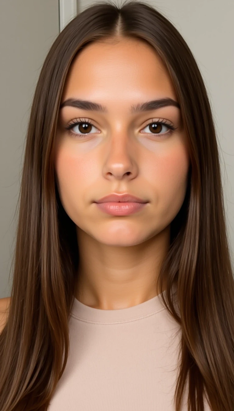 Close-up portrait of CSTMDL
Body type and measurements:
She is an 18 years old girl. Her hair is long, reaching below the shoulders, with a straight to very slightly wavy texture. It has a healthy, smooth appearance with natural shine and volume. The color is medium to dark brown with subtle warm undertones, and the strands appear moderately thick and uniform in density. The hair is parted slightly off-center or middle in most images, framing the face symmetrically. Eyes are large, almond-shaped, and widely spaced. The irises appear medium to dark brown with a warm, slightly amber tone under natural lighting. Eyelids have a soft natural crease, and the eye area is framed by full, dark lashes and naturally arched brows of medium thickness, which complement the overall symmetry of the face. She has an hourglass figure. Height approximately 64 inches. Bust is full, round, and projected, with an estimated circumference of 36 inches and moderate projection from the chest wall. Underbust estimated at 28 inches, giving a bust-to-waist contrast of about 7 inches. Waist is narrow, strongly cinched, and flat, estimated 24 inches, with a pronounced curve into the hips. Hips are broad and rounded, estimated at 39 inches, with high hip bones and a strong waist-to-hip ratio. Gluteal region is prominent, lifted, and firm, with well-developed curvature extending outward and downward. Thighs are thick and full, estimated at 24 inches at the widest point, with a slight taper toward the knees. Calves are not visible in all photos, but appear balanced with thigh proportions. Abdomen is flat with a bit of fat. Arms are slim with soft definition, estimated upper arm circumference around 9 inches. Shoulders are slightly broad and rounded, creating symmetry with hip width; clavicle line is soft and horizontal. Neck is medium-length and proportionate. Torso is short to medium in vertical length, with the distance from underbust to waist appearing compact. Ribcage is slightly narrow. Legs are long relative to torso, contributing to an elongated lower-body visual impression. Posture appears upright and relaxed, with natural spinal curvature and mild anterior pelvic tilt. Skin surface is smooth and even-toned and lightly tanned.

Scene/Background
The backdrop is a soft white fabric, gently draped to create natural folds and texture. This neutral and minimal setup enhances the clarity and elegance of the portrait, allowing the subject to be the sole focus. The overall mood is clean, intimate, and subtly ethereal—like a quiet morning light spilling through sheer curtains.

Pose/Expression
The subject’s head tilts slightly forward and to the side, subtly engaging the viewer with a relaxed, almost contemplative gaze. Her expression is serene and self-assured, exuding confidence without effort. The softness of her features and the directness of her eyes balance strength with warmth.

Styling
Her makeup is understated and flawless—emphasizing natural beauty with a matte complexion, feathered brows, and nude-pink lips. Her hair cascades in voluminous waves, with a gentle, polished texture that frames her face gracefully. The simplicity of the styling elevates the portrait’s timeless quality.

Lighting
Bright, diffused natural light washes across the subject’s face, creating gentle highlights and low-contrast shadows. The effect is soft and flattering, eliminating harsh lines while enhancing her skin’s glow and the rich tones in her hair. The lighting contributes to an editorial aesthetic that feels both modern and timeless.

Vibe
This image is effortlessly chic and quietly powerful. It could easily belong in a beauty campaign, a minimalist fashion feature, or a model portfolio. The overall tone is poised, natural, and subtly sensual—perfect for editorial contexts that aim to blend intimacy with polish.