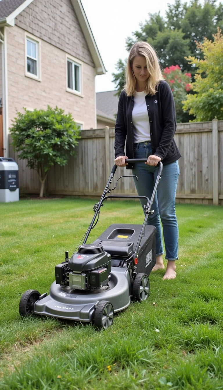 photo of woman CSTMDL mowing the lawn