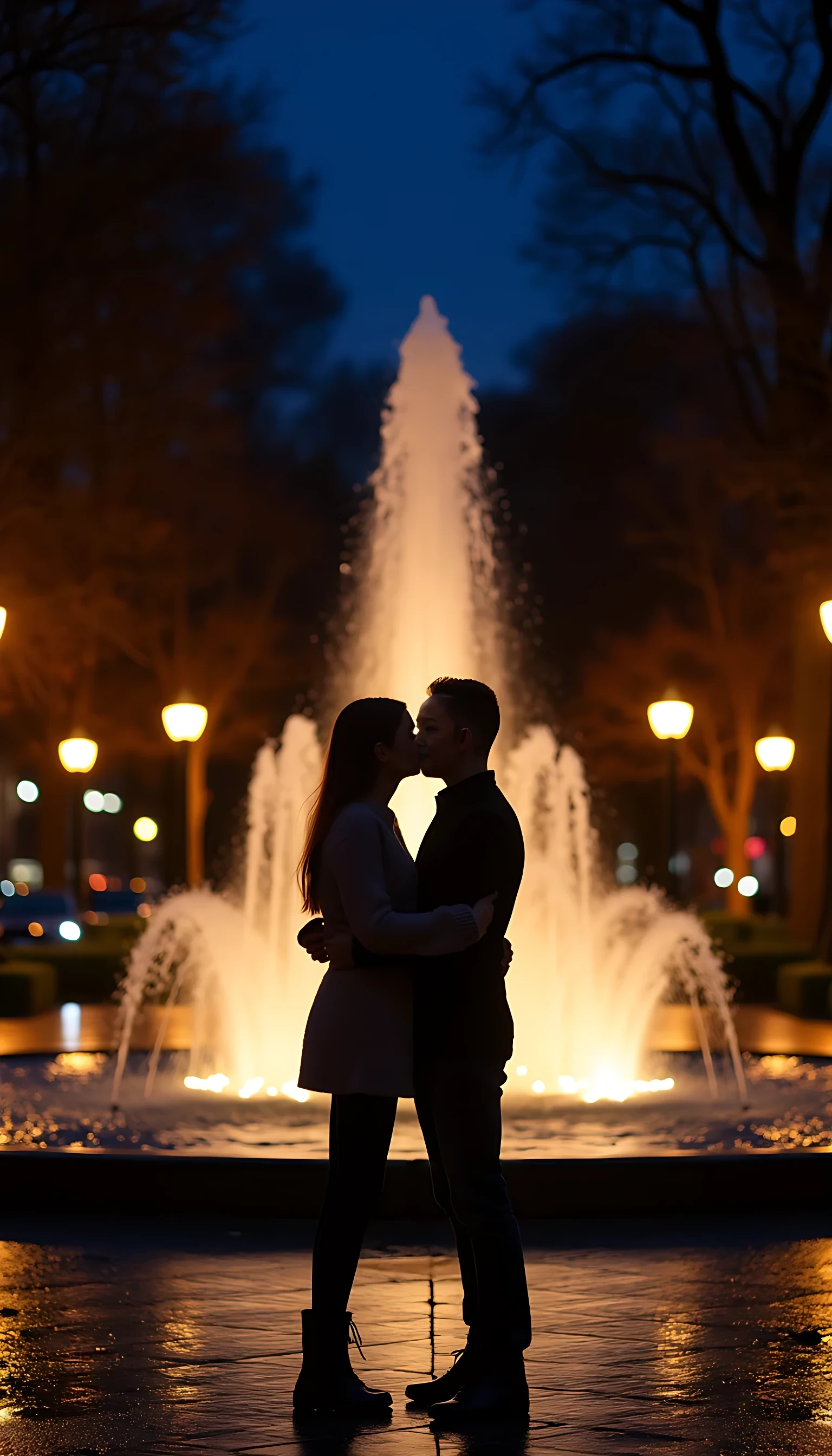 A couple shares a romantic kiss in front of an illuminated fountain at night. The scene is set in an urban environment with trees and lampposts adding a warm glow to the surroundings. The ground is wet, reflecting the soft light from the streetlamps and creating a cozy atmosphere. The couple is embracing, lost in the moment, with the backdrop of cascading water and distant lights enhancing the enchanting ambiance.