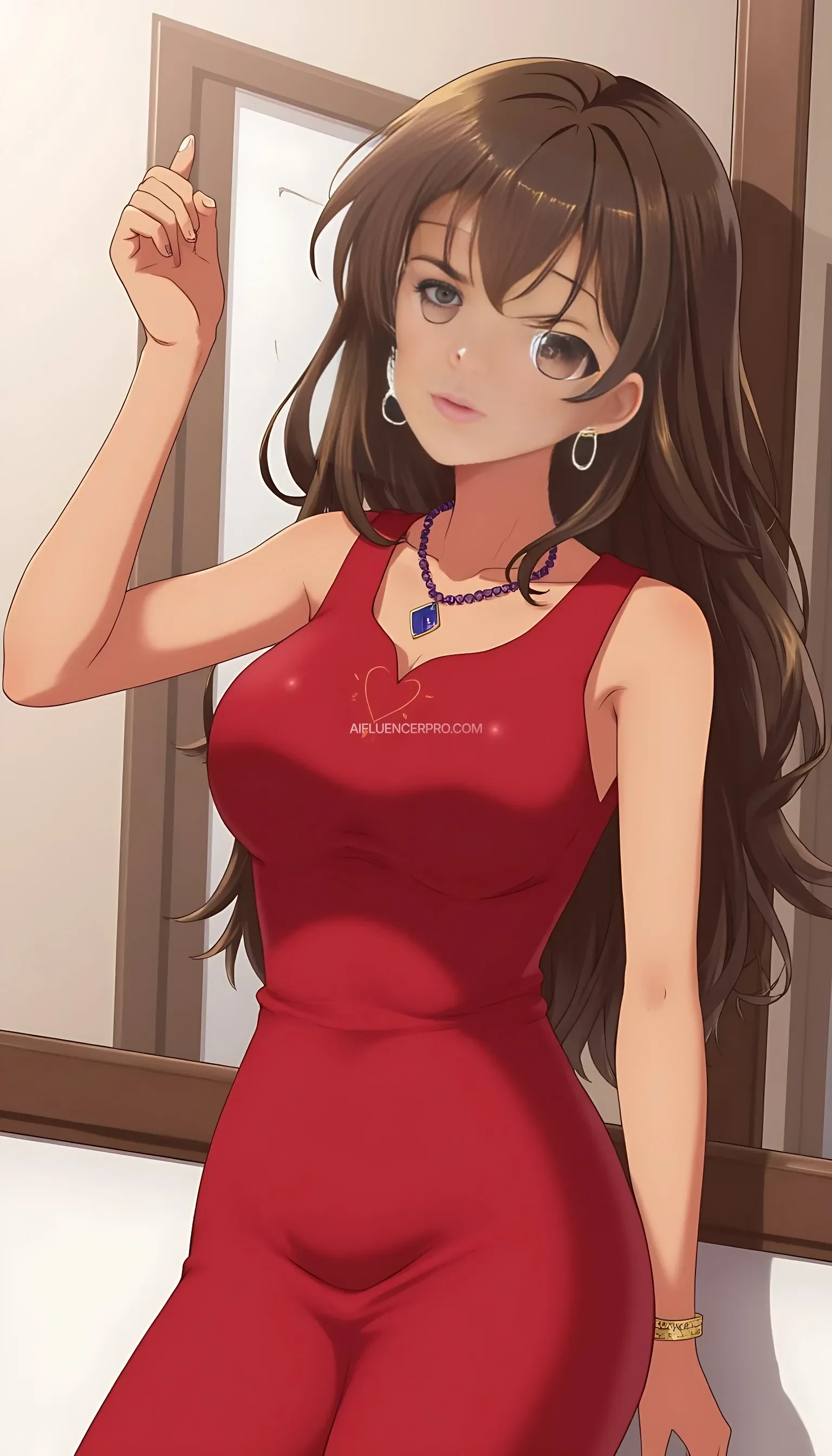 1girl, solo, long hair, breasts, looking at viewer, brown hair, dress, bare shoulders, jewelry, standing, heart, earrings, sleeveless, dark skin, indoors, armpits, necklace, arm up, lips, head tilt, bare arms, makeup, sleeveless dress, wavy hair, red dress, lipstick, eyeshadow, hoop earrings, photo (medium)