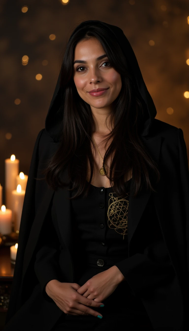 “Photorealistic cinematic portrait of The Mentor — a serene, magnetic woman (28–35) with long dark hair and luminous eyes, embodying modern mystic + high-end strategist. Wardrobe: black silk hooded cape or tailored blazer with subtle gold Flower of Life/constellation embroidery; minimal gold jewelry (small talisman). Soft glow makeup. Environment: warm candlelight + gentle bokeh, charcoal backdrop with floating golden dust. Expression: calm, assured half-smile; direct eye contact. 3/4 bust, elegant hand pose. Luxury, sacred, trustworthy, feminine power. Color palette: indigo, amethyst, soft emerald, gold accents. Shot on 85mm, f/1.8, Rembrandt lighting, high-end beauty editorial, ultra-detailed skin, crisp catchlights.”