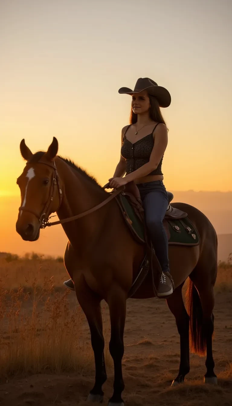 Young woman riding a horse wearing only cowboy hat, sunset, nsfw