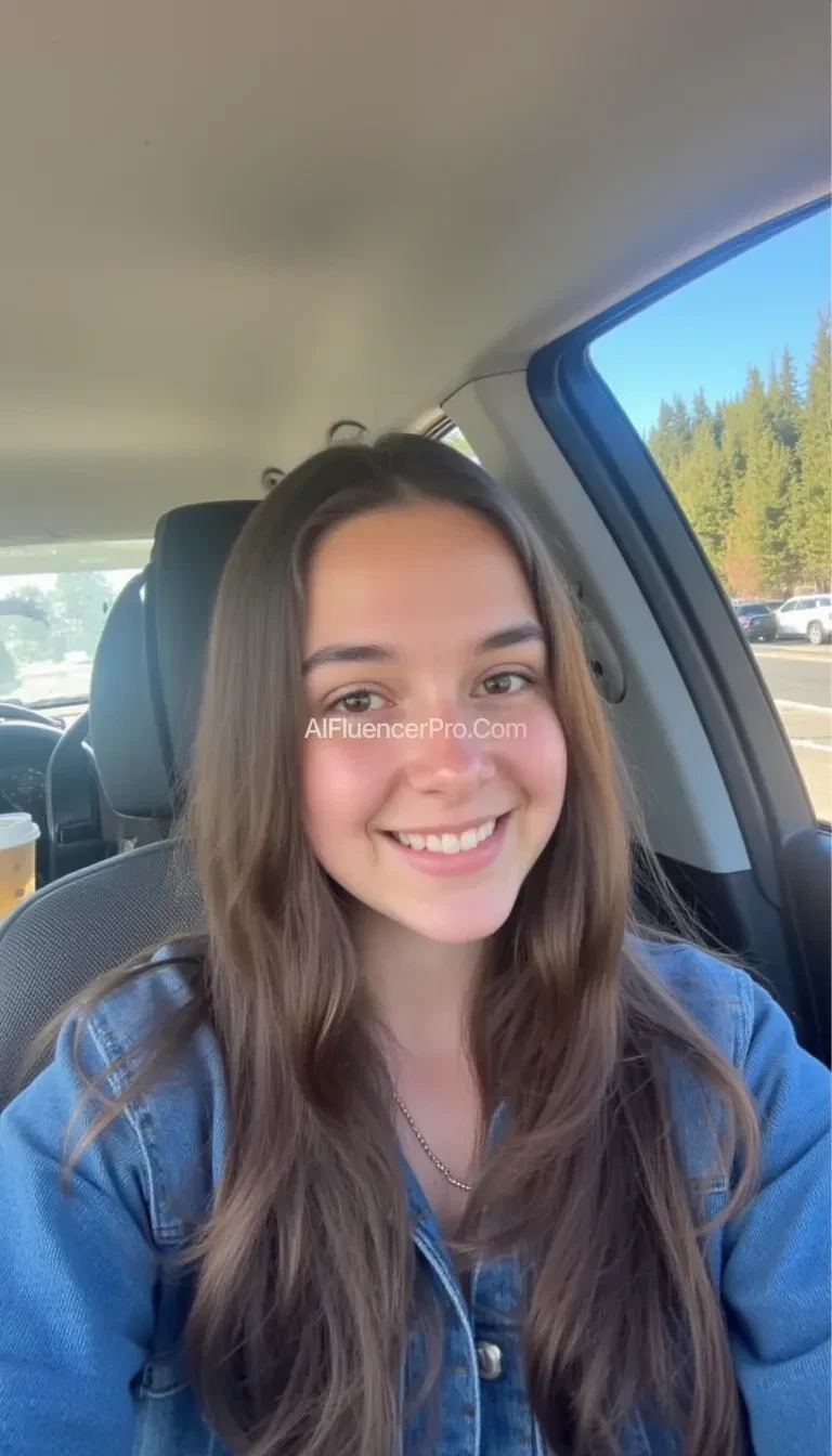 boring low quality snapchat photo circa 2015, A young woman with a warm smile, sitting in the driver's seat of a cozy car. She has soft, wavy brown hair cascading past her shoulders. The sunlight streams through the window, casting a gentle glow on her face. The interior of the car is neat and comfortable, with a coffee cup in the cup holder and a small plant on the dashboard. The background outside the window shows a scenic road lined with trees and blue skies