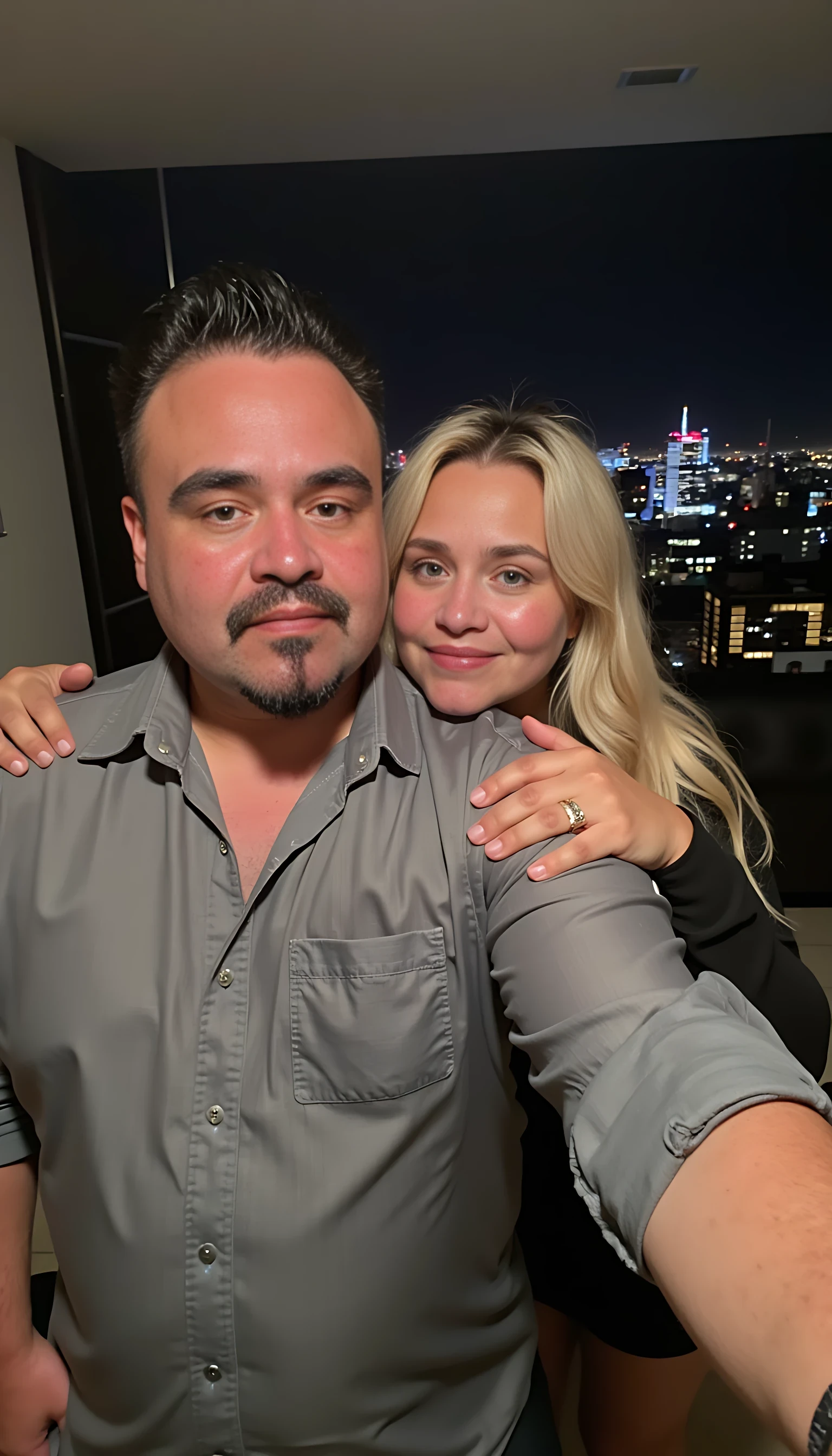 Selfie in a  mirror full man body wearing a  nice gray dress shirt   Hugging a beautiful blonde woman with blue eyes girl in a  big city night lights background 
