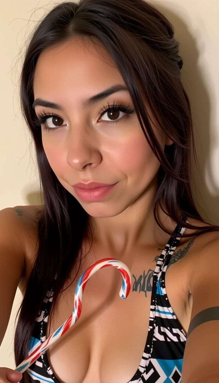 A selfie photo close up of CSTMDL a native American adult woman, she is posing seductively for the camera, she maintains intense eye contact with the camera at all times, she has native American style hair in two long braids, she is wearing a skin tight form fitting onesie with native American geometric patterns on it, she is holding a candycane that is two inches in girth, realistic,