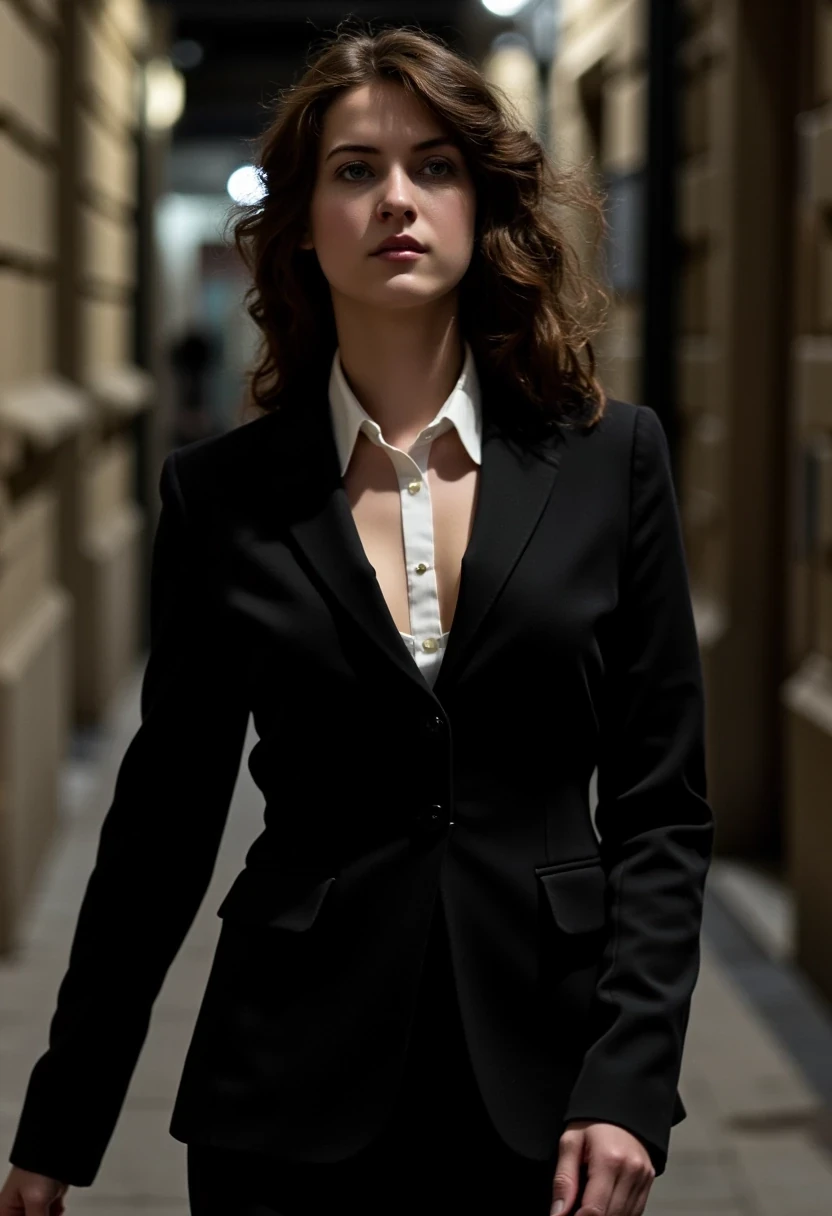 Woman CSTMDL, brunette, blue eyes, her hair are loose, she’s beautiful with a cold smile, wearing a tailored haute couture set, black blazer and skirt, elegant and modern, but very (sexy). She also wears a white shirt under the blazer. Her clothes molds her sculptural body. Her expression is haughty and contemptuous. She looks like someone cold and unfriendly. Her skin tone is very white, (pallid), almost cadaveric. She’s wearing a small pendant. She walks with grace, like a model. The background is a small deserted Parisian alley by (night). The light is very low, making the scene a bit worrying and frightening.