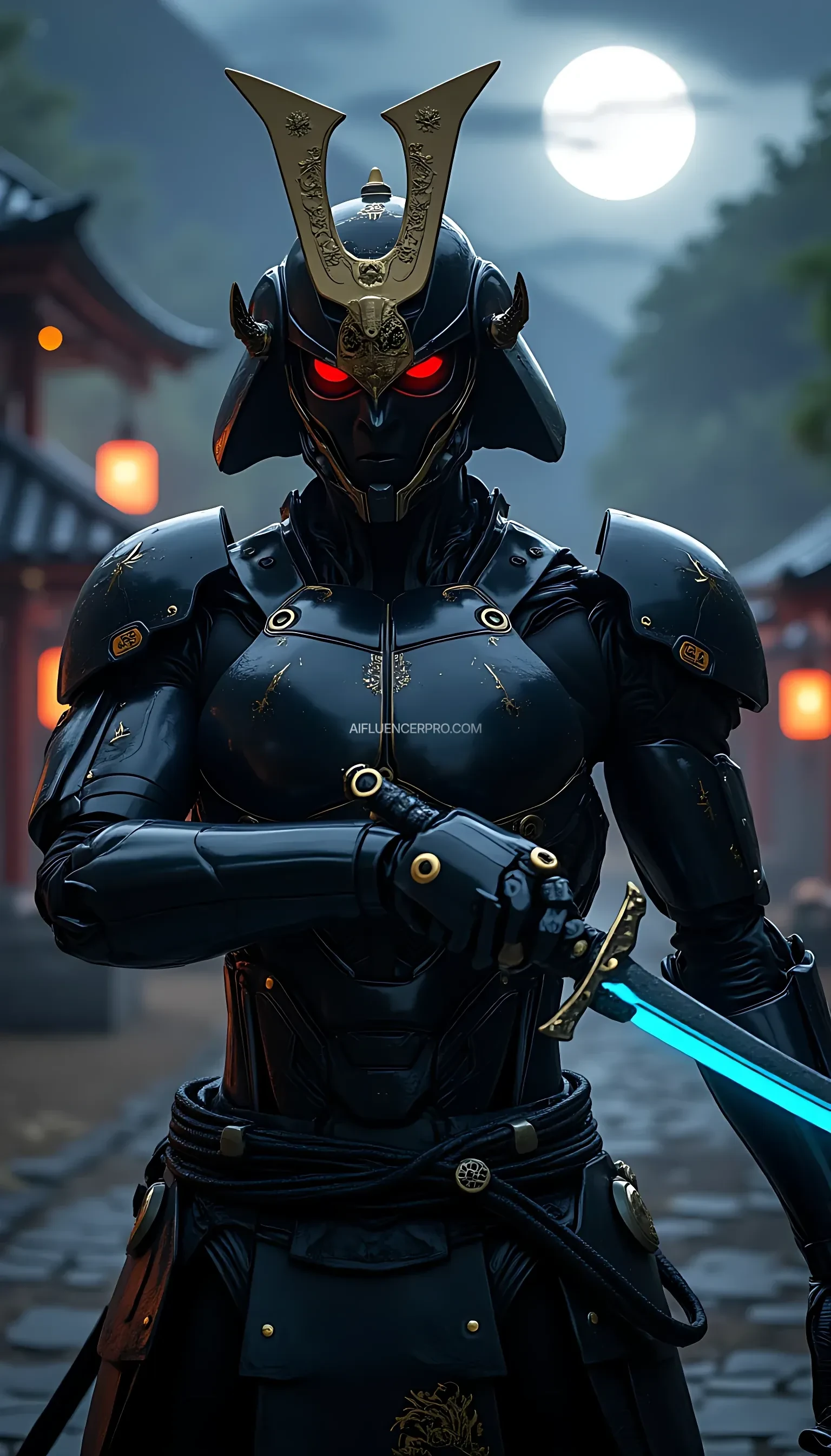 a futuristic samurai robot character with a highly realistic and cinematic style. The robot features a sleek black matte mechanical body with elegant gold accents. It wields a high-tech katana with a blade glowing in neon blue light. The traditional Japanese samurai cap, crafted from futuristic metal with intricate traditional engravings, partially covers its face, adding an air of mystery. Its glowing red eyes exude sharpness and determination. The background is a dark valley illuminated by moonlight and traditional lanterns, creating a cinematic atmosphere with mist and dramatic