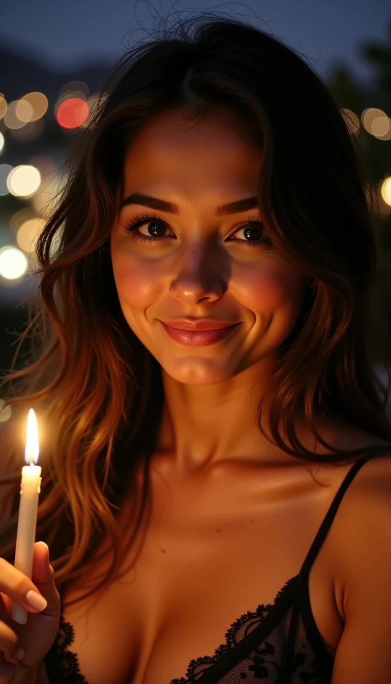 CSTMLD ultra-realistic close-up portrait of Luna smiling directly at the camera.
Her face glows softly in the candlelight; her emerald-brown eyes reflect the gold of the night.
Her hair moves slightly in the wind, lips curved into a bright, magnetic smile.
Background: blurred city lights, deep blue night tones, golden bokeh.
Lighting: candle flicker, warm gold tones, soft contrast.
Mood: playful mystery, allure, confidence.
Style: cinematic close-up, 85 mm f/1.4, shallow DOF, 8K fashion gloss.