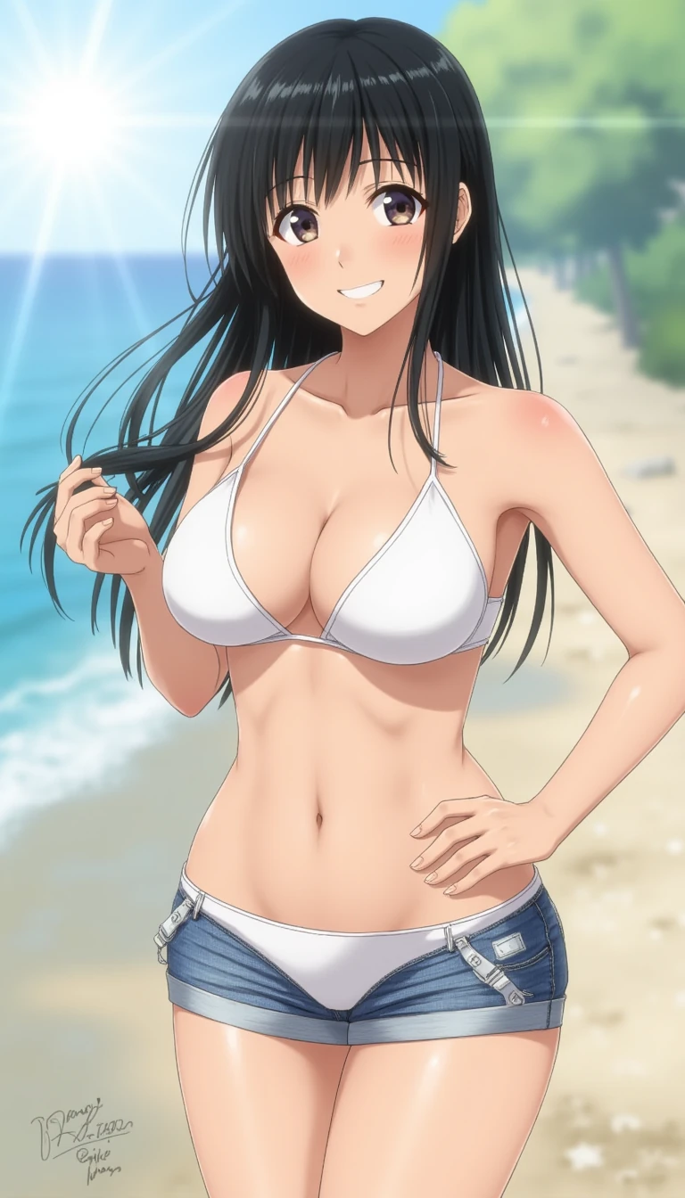 score_8_up, photo_\\(medium\\), preppy face,  1girl, blurry, rating:safe, shorts, denim_shorts, denim, hand_on_hip, breasts, solo, bikini, swimsuit, depth_of_field, smile, grin, long_hair, black_hair, navel, cleavage, short_shorts, lips, realistic, blurry_background, dark_skin, day, white_bikini, large_breasts, looking_at_viewer, bikini_top, outdoors, midriff, signature, photorealistic, natural skin, skin moles, skin pores, high detailed, light smile, 