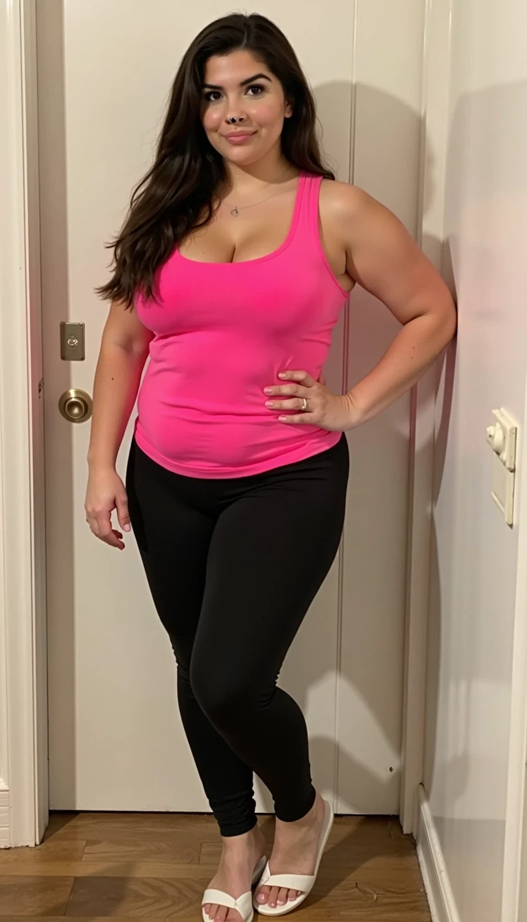 Photo of woman CSTMDL with massive round perfect boobs, she should have long straight hair, her cleavage should be pushed up, she should be 18, she should be wearing a low cut hot pink tank top, she should be wearing skin tight black yoga pants, she should be wearing white flip flops, she should be slim, she should have a massive perfect ass