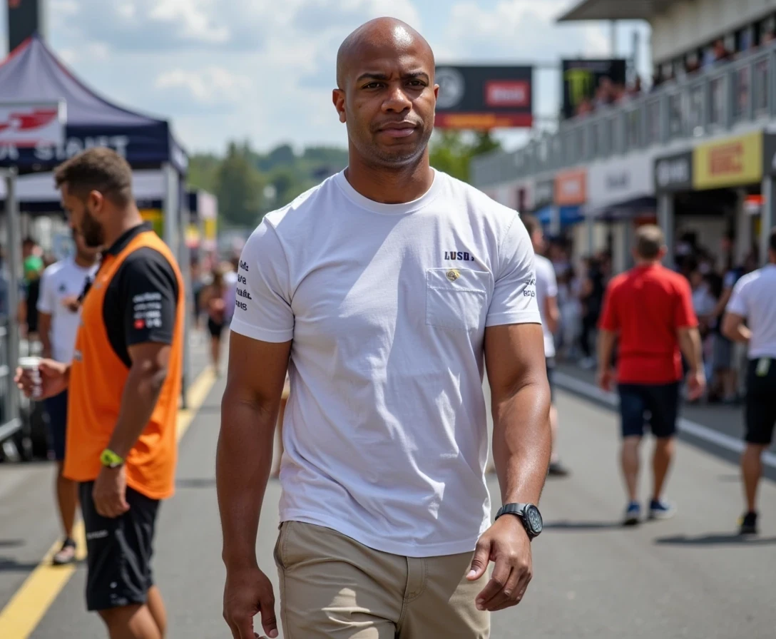 F1 Paddock , t shirt and khakis,  same face of Carter with bald head, lean look, cstmdl