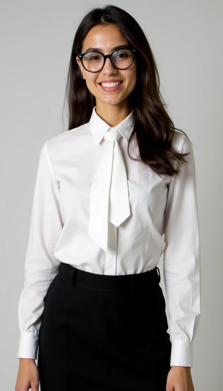 A full body shot photo of Sophie created before on her office outfit white shirt and black skirt , shirt is very tight  with tie loose and  has a couple of buttons off and revealing she should also be wearing black round glasses she could be smiling at the camera 
