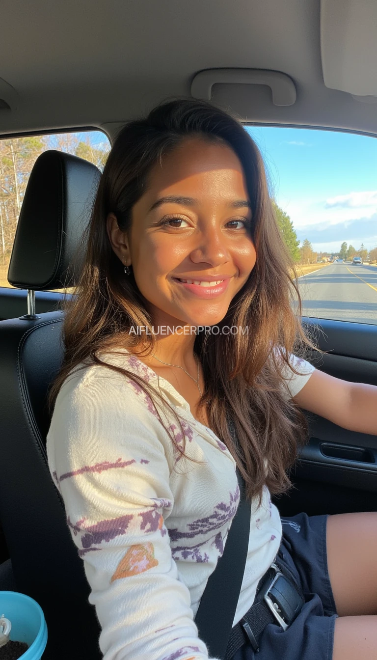 boring low quality snapchat photo circa 2015, A young african-american woman with a warm smile, sitting in the driver's seat of a cozy car. She has soft, wavy brown hair cascading past her shoulders. The sunlight streams through the window, casting a gentle glow on her face. The interior of the car is neat and comfortable, with a coffee cup in the cup holder and a small plant on the dashboard. The background outside the window shows a scenic road lined with trees and blue skies