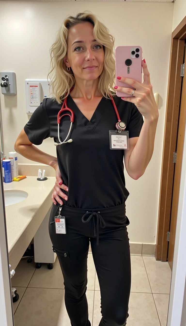 A fashionable mid-30s CSTMDL woman posing indoors in a hospital bathroom. She has shoulder length curly blonde hair and tanned skin. She is very thin. She has a small waist. Her breasts are the focal point of the image. She wears black tight fitting nurse scrubs, with a name tag hanging from her pocket and a stethoscope draped around her neck. The style is an informal selfie, full body shot in the bathroom. Her expression is pleasant and nurturing. Her skin is super realistic. She has one hand on her hip, jutting it out slightly. Boring low quality snapchat.
