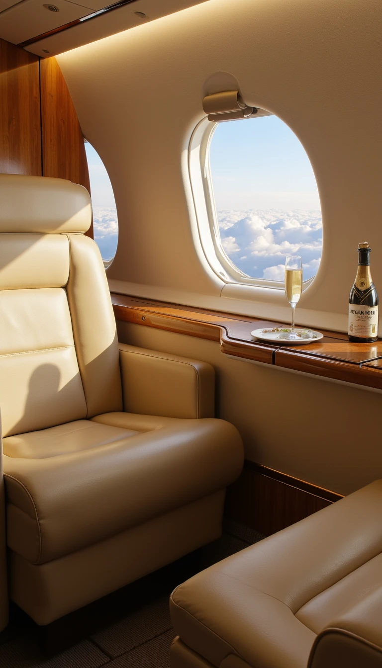
boring low quality around 2015 photo snapchat type,  of a luxury private jet cabin, beige leather seats, gold details, champagne glass on the table, soft ambient lighting, outside view of clouds through the window, cinematic photography