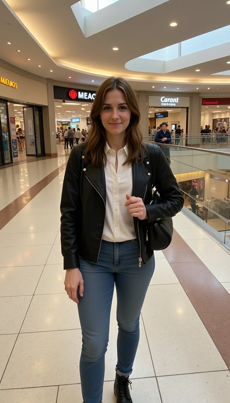 boring low quality snapchat photo circa 2015, cstmdl, full outfit, standing, brown hair, mall background