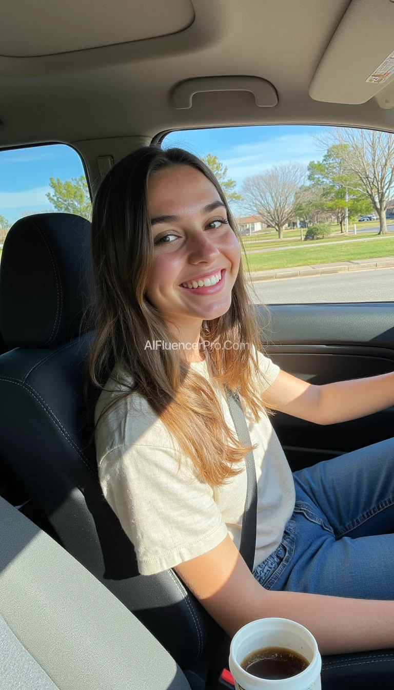 boring low quality snapchat photo circa 2015, A young woman with a warm smile, sitting in the driver's seat of a cozy car. She has soft, wavy brown hair cascading past her shoulders. The sunlight streams through the window, casting a gentle glow on her face. The interior of the car is neat and comfortable, with a coffee cup in the cup holder and a small plant on the dashboard. The background outside the window shows a scenic road lined with trees and blue skies