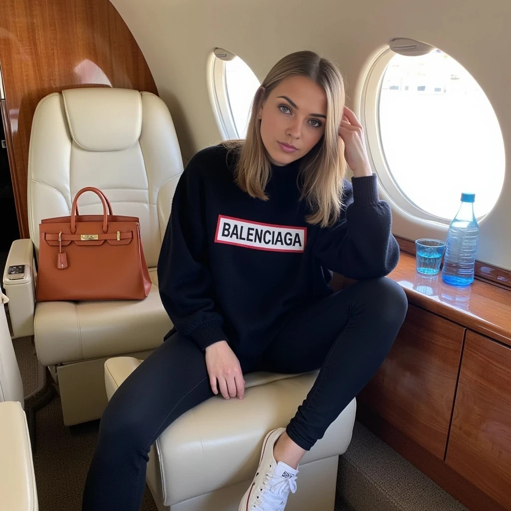 This is a photograph of a young woman seated in the back of a private plane. The woman has fair skin, straight, shoulder-length blonde hair, and is wearing minimal makeup. She is dressed casually in a black turtleneck sweater with the text "BALENCIAGA" and in red and white, paired with black leggings and white Converse sneakers. Her legs are spread out, and she is sitting with her knees bent, one hand holding her hair back and the other on her knee.

The interior of the private plane is luxurious, with cream-colored leather seats and polished wood paneling. The window to her right is open, allowing natural light to flood the cabin, creating a bright and airy atmosphere. A Hermes Birkin is visible on the floor next to her, and there is a blue glass bottle of water, on the table in front of her. The overall ambiance of the photo is relaxed and chic, capturing a moment of leisurely travel.