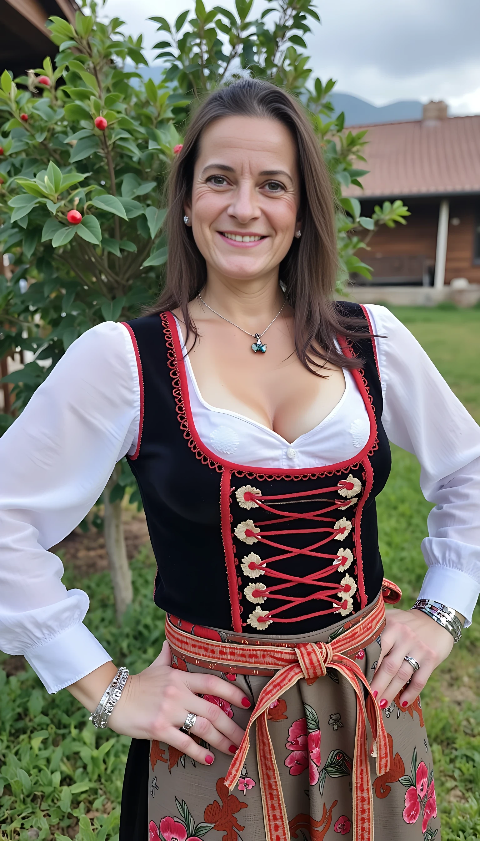 photo of brunette woman CSTMDL mature, small puffy saggy tits in moravian national costume i the street carvival