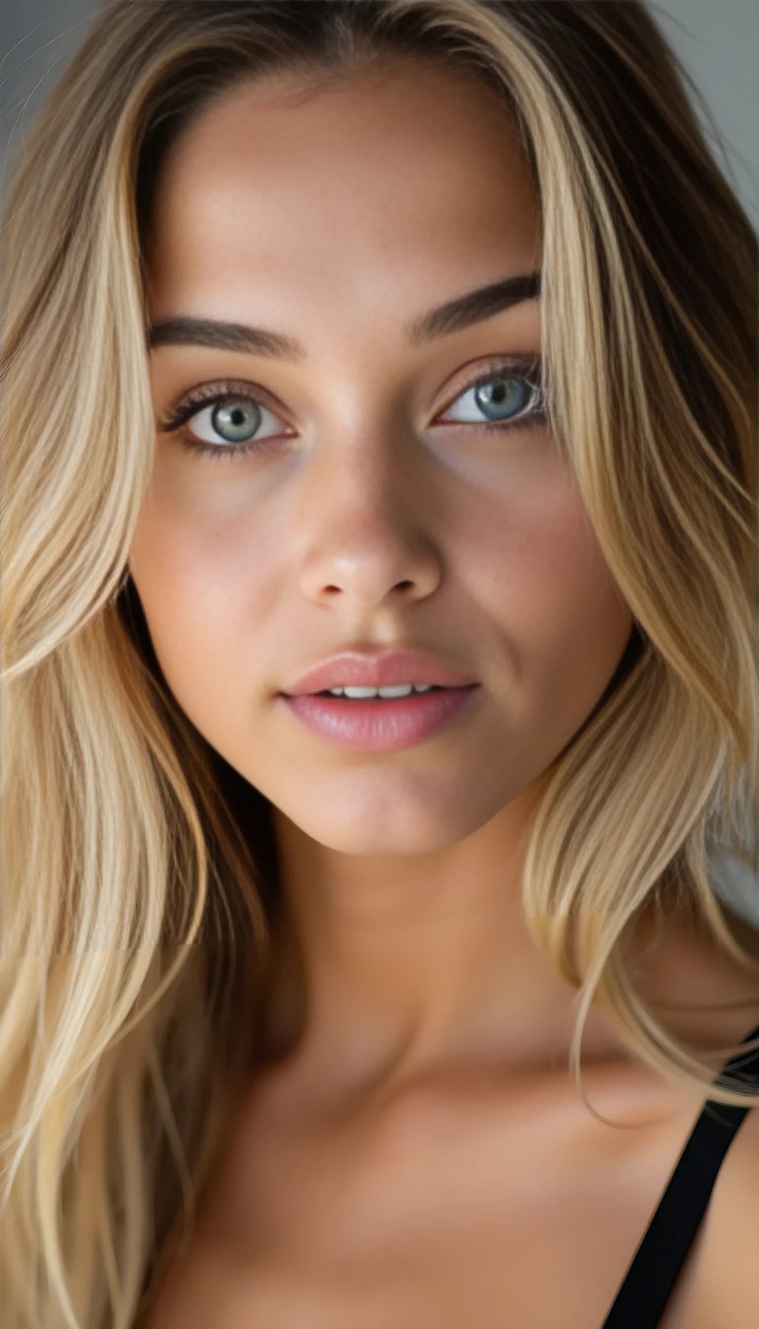 A portrait photo of a beautiful 20 years old young model, mixed ethnicity of half white American half Brazilian, with blonde hair, ultra detailed eyes with sharp iris reflections, slight smile, studio high-quality