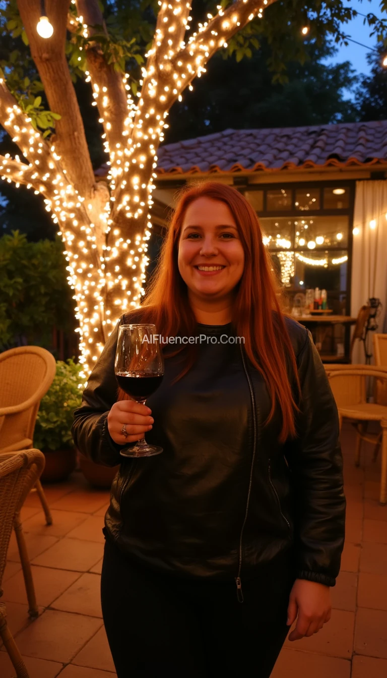 A full body shot photo of a woman standing outdoors at a cozy, warmly lit patio in the evening, with soft, glowing lights wrapped around a tree behind them creating a charming atmosphere. The image is rich in detail, with warm tones and clear textures throughout. The woman has fair skin, a full build, and long reddish-blonde hair, also worn loose. She is smiling warmly at the camera, holding a glass of red wine in her right hand, and wears a soft-textured leather top. The background features a large tree with sparkling string lights wrapped around its trunk and branches, adding a magical touch to the scene. The setting suggests a private outdoor seating area, with elements like terracotta-tiled roofing, greenery, and rattan chairs contributing to a serene, inviting vibe. The overall composition is balanced, with the woman framed against the softly glowing tree, and the lighting enhances the warm, intimate feel of a quiet evening shared among friends. The details are vivid, with textures of clothing, skin, and background elements clearly visible, while the warm lighting creates a relaxed and joyful mood