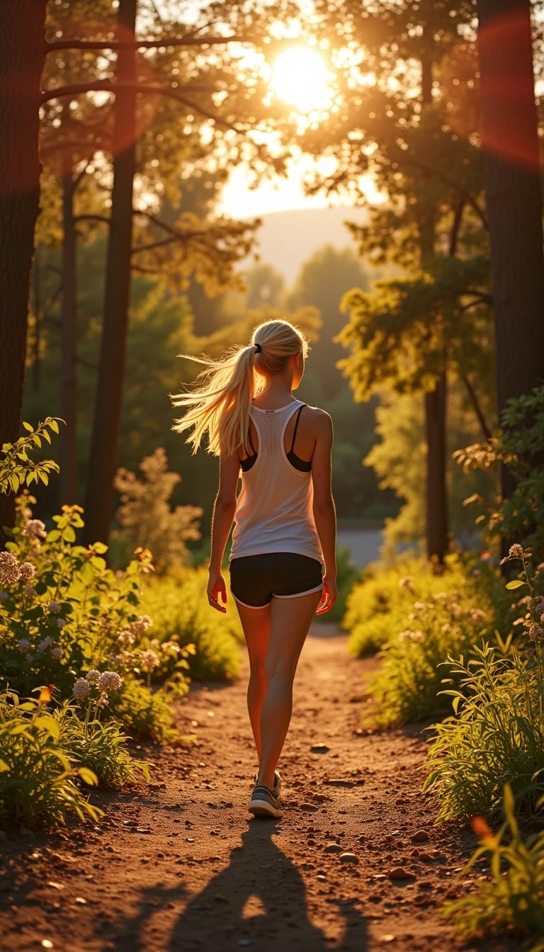 Golden light spills through the canopy, painting the narrow dirt trail in shifting shades of amber and rose. The air is warm and heavy with the scent of pine and sun-baked earth, the kind that clings to skin and hair.

A blonde girl moves at an easy pace, her ponytail swaying with each step. She’s dressed in fitted athletic shorts and a lightweight tank, the fabric clinging in spots from the humid summer air. Her sneakers crunch softly over pebbles and twigs, and a thin sheen of sweat glimmers on her skin under the fading sunlight.

Above, the sky is a watercolor blend—deep orange melting into pale lavender—while fireflies begin to blink at the edges of the path. The quiet hum of cicadas wraps around her, broken only by the distant rustle of leaves in a gentle breeze. Each breath she takes tastes of summer, and with every step deeper into the woods, the world feels slower, softer, and entirely hers.,CSTMDL,  