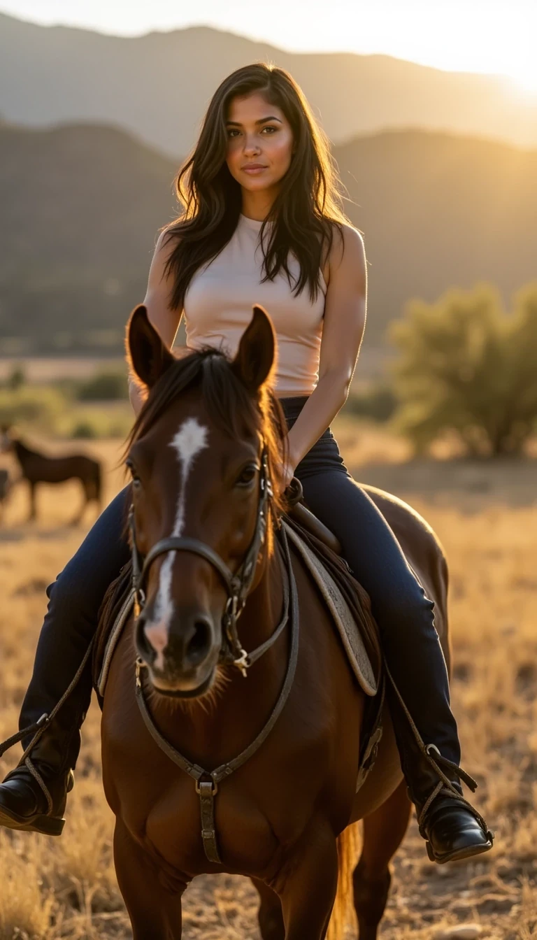 IMG_1578.HEIC CSTMDL woman horseback riding during golden hour on a sleek dark-brown horse with a glossy coat. The camera is pulled back slightly to capture her full figure, the horse, and the warm Colorado ranch scenery in the background. She’s wearing dark blue fitted jeans and a flattering, fitted top with subtle jewelry, her long dark wavy hair flowing naturally in the evening light. The scene has warm golden sunlight, natural shadows, and candid iPhone-style realism — authentic skin texture, soft highlights, and a relaxed confident smile as if a friend captured the shot.
–no airbrushed skin, no studio lighting, no plastic shine, no distorted anatomy, no duplicate faces
Annotation: aspect ratio 1:1, LoRA:MouFace_v1:0.8, guidance 2.6, reuse Post 1 seed