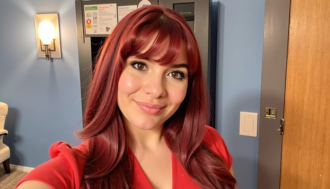 photo of woman CSTMDL, she should have long red hair, she should have bangs, she should have a body like Bryce Dallas Howard, she should have huge boobs