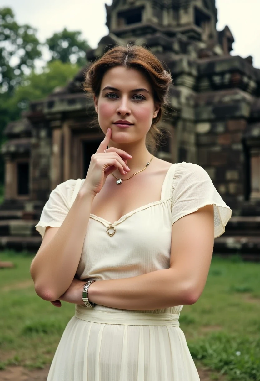 Medium shot of woman CSTMDL, brunette, small pendant, no watch, no ring, hair tied, blue eyes, vintage early 1900 white dress. Her dress is covering and chaste but reveals and highlights her very sexy and feminine curves. her arms are delicately crossed under her breast.
She’s working as an archaeologist at Angkor temple. She’s very confident and looks very professional. Her smile is cold. She exhales smartness. Khmer ruins in the jungle are in the background 