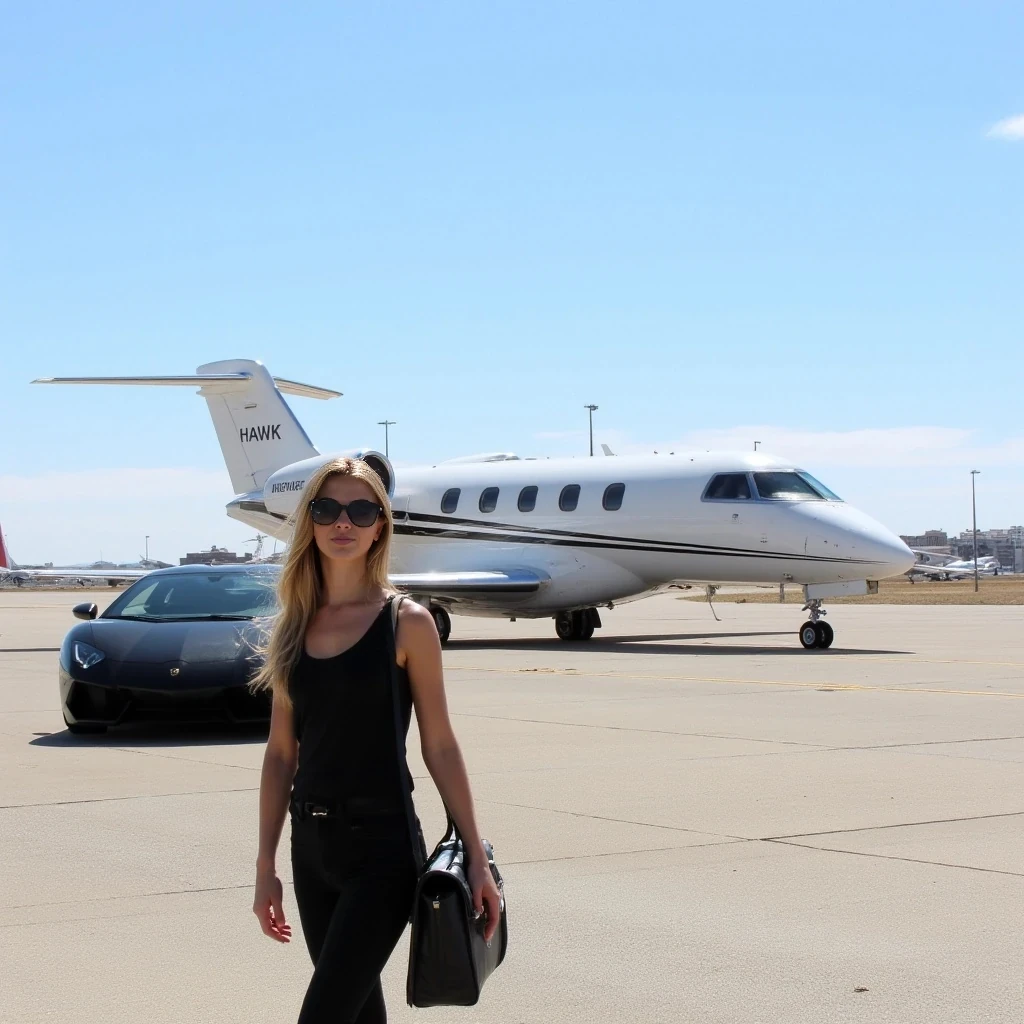 The image is a photograph featuring a young woman standing on a tarmac in front of a large private jet. The woman, positioned in the foreground, has long, straight, soft long blonde hair that cascades over her shoulders. She is wearing a black sleeveless top and black pants, with a black handbag slung over her shoulder. She also wears large, dark sunglasses, giving her a stylish, casual appearance. Her skin is fair, and she has a fit physique.

The private jet, located in the background, is a sleek, white aircraft with a black stripe running along its side. It has two engines mounted on the wings, and its tail features the word "HAWK" in black lettering. The jet is parked on a wide, smooth tarmac that extends into the distance, with faint runway markings visible. There is a black Lamborghini Aventador SV parked by the private jet.

The sky above is clear with a few wispy clouds, indicating a bright, sunny day. In the far background, there are additional smaller aircraft, indicating an airport setting. There are also tall, slender light poles and a few buildings visible, suggesting that the airport is in a more developed area. The overall mood of the image is one of luxury and travel.