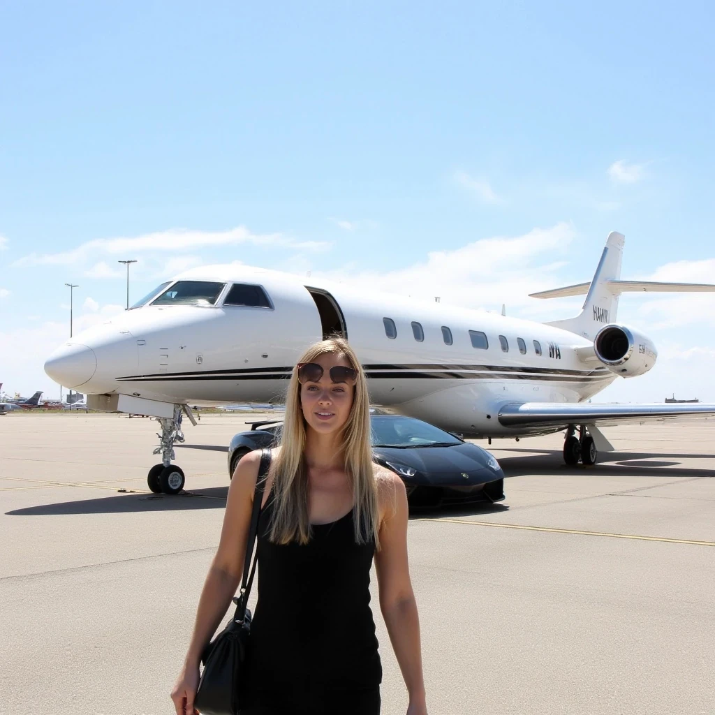 The image is a photograph featuring a young woman standing on a tarmac in front of a large private jet. The woman, positioned in the foreground, has long, straight, soft long blonde hair that cascades over her shoulders. She is wearing a black sleeveless top and black pants, with a black handbag slung over her shoulder. She also wears large, dark sunglasses, giving her a stylish, casual appearance. Her skin is fair, and she has a fit physique.

The private jet, located in the background, is a sleek, white aircraft with a black stripe running along its side. It has two engines mounted on the wings, and its tail features the word "HAWK" in black lettering. The jet is parked on a wide, smooth tarmac that extends into the distance, with faint runway markings visible. There is a black Lamborghini Aventador SV parked by the private jet.

The sky above is clear with a few wispy clouds, indicating a bright, sunny day. In the far background, there are additional smaller aircraft, indicating an airport setting. There are also tall, slender light poles and a few buildings visible, suggesting that the airport is in a more developed area. The overall mood of the image is one of luxury and travel.