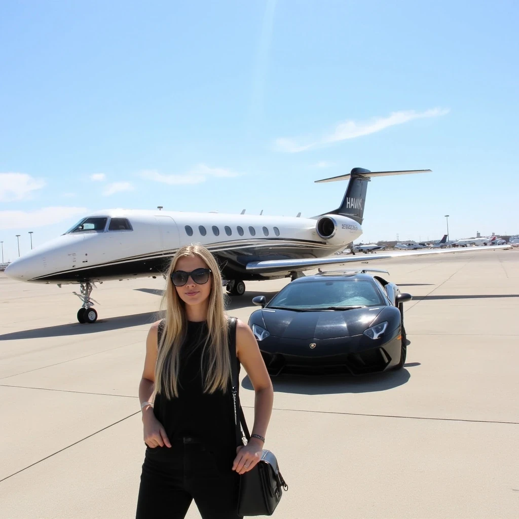 The image is a photograph featuring a young woman standing on a tarmac in front of a large private jet. The woman, positioned in the foreground, has long, straight, soft long blonde hair that cascades over her shoulders. She is wearing a black sleeveless top and black pants, with a black handbag slung over her shoulder. She also wears large, dark sunglasses, giving her a stylish, casual appearance. Her skin is fair, and she has a fit physique.

The private jet, located in the background, is a sleek, white aircraft with a black stripe running along its side. It has two engines mounted on the wings, and its tail features the word "HAWK" in black lettering. The jet is parked on a wide, smooth tarmac that extends into the distance, with faint runway markings visible. There is a black Lamborghini Aventador SV parked by the private jet.

The sky above is clear with a few wispy clouds, indicating a bright, sunny day. In the far background, there are additional smaller aircraft, indicating an airport setting. There are also tall, slender light poles and a few buildings visible, suggesting that the airport is in a more developed area. The overall mood of the image is one of luxury and travel.