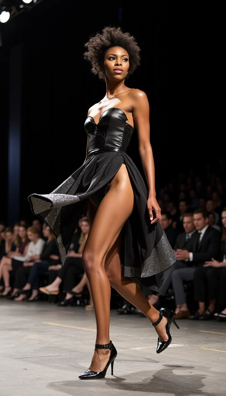 Turn Moment
Shot on Nikon Z9, 105mm f/1.4, ISO 1000, 1/1250 sec. Capturing the perfect pivot at runway's end. Model in structural Iris van Herpen dress defying gravity. Motion-frozen hair, dress elements suspended. Light olive brown skin catching multiple light sources: main spots, side fills, ambient bounce. Background: fashion editors in first row, shooting position creating compelling depth of field at f/2.8.
 CSTMDL