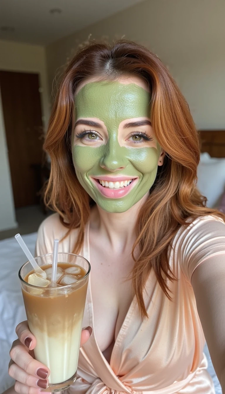 Boring low quality snapchat photo circa 2015 photo of CSTMDL woman with long realistic auburn hair, soft feminine features, striking green eyes, and an hourglass figure. She is sitting casually in bed, wearing a comfortable silk robe with a hydrating skincare mask on her face. In one hand, she is holding a clear glass of iced matcha latte with a straw, the other hand extended to take a casual selfie from above. Lighting is soft, natural daylight, creating a cozy morning atmosphere. The photo should feel authentic, playful, and intimate, as if she’s sharing a personal self-care moment directly with her followers, she is smiling 