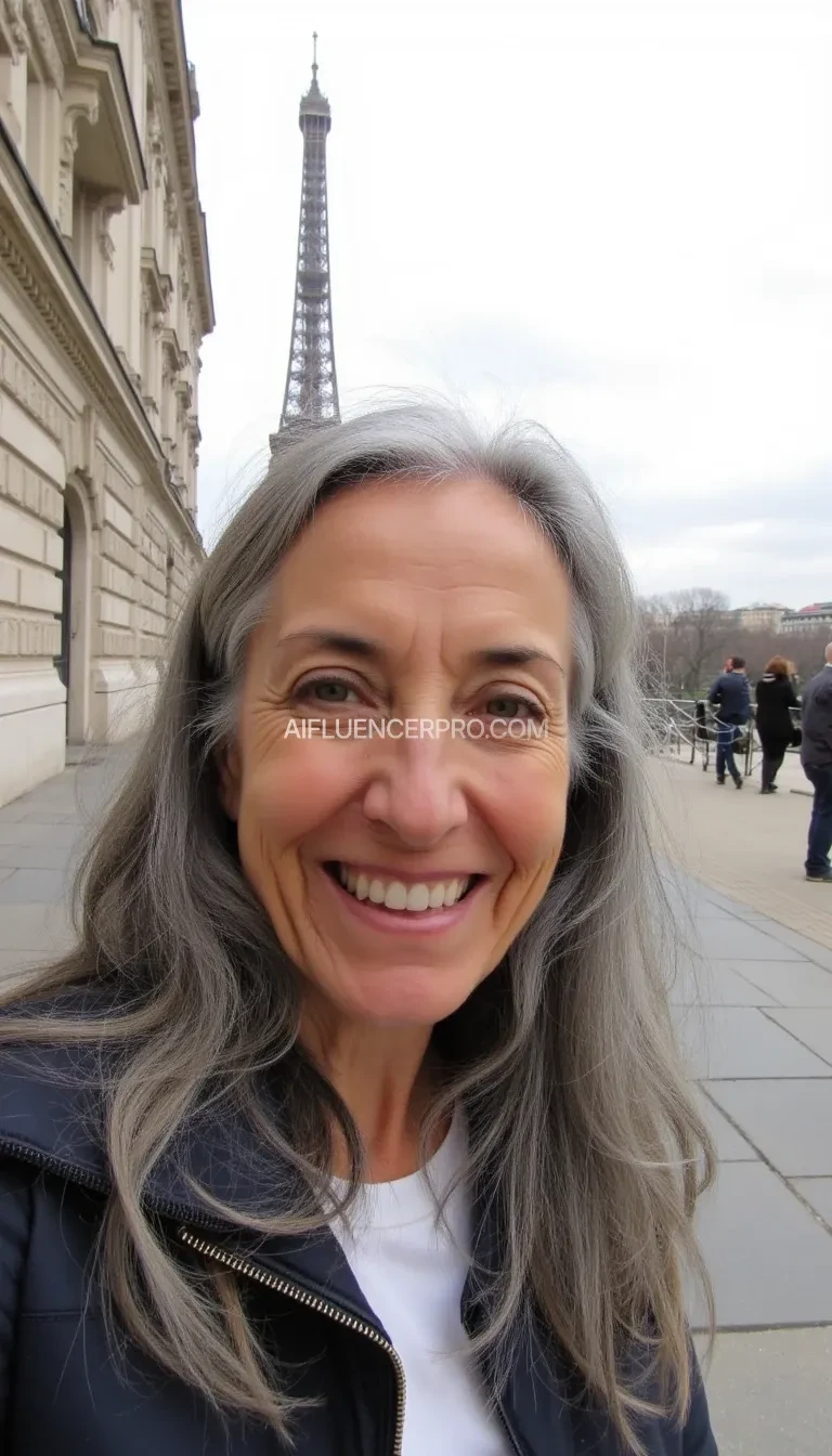 Generate three AI-style images of a 65-year-old woman with longer gray hair, ensuring her skin tone looks realistic and natural. The settings should include:

Selfie in Paris: A close-up selfie of her smiling casually in Paris, with the Eiffel Tower prominently visible in the background.

The images should have an amateur photography style (not glamorous), with lifelike details while maintaining a subtly AI-generated appearance.