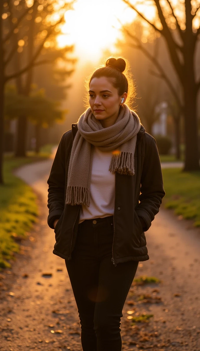 Golden hour walk, woman strolling on a gravel path in the park, casual jacket and scarf, earbuds in, CSTMDL woman