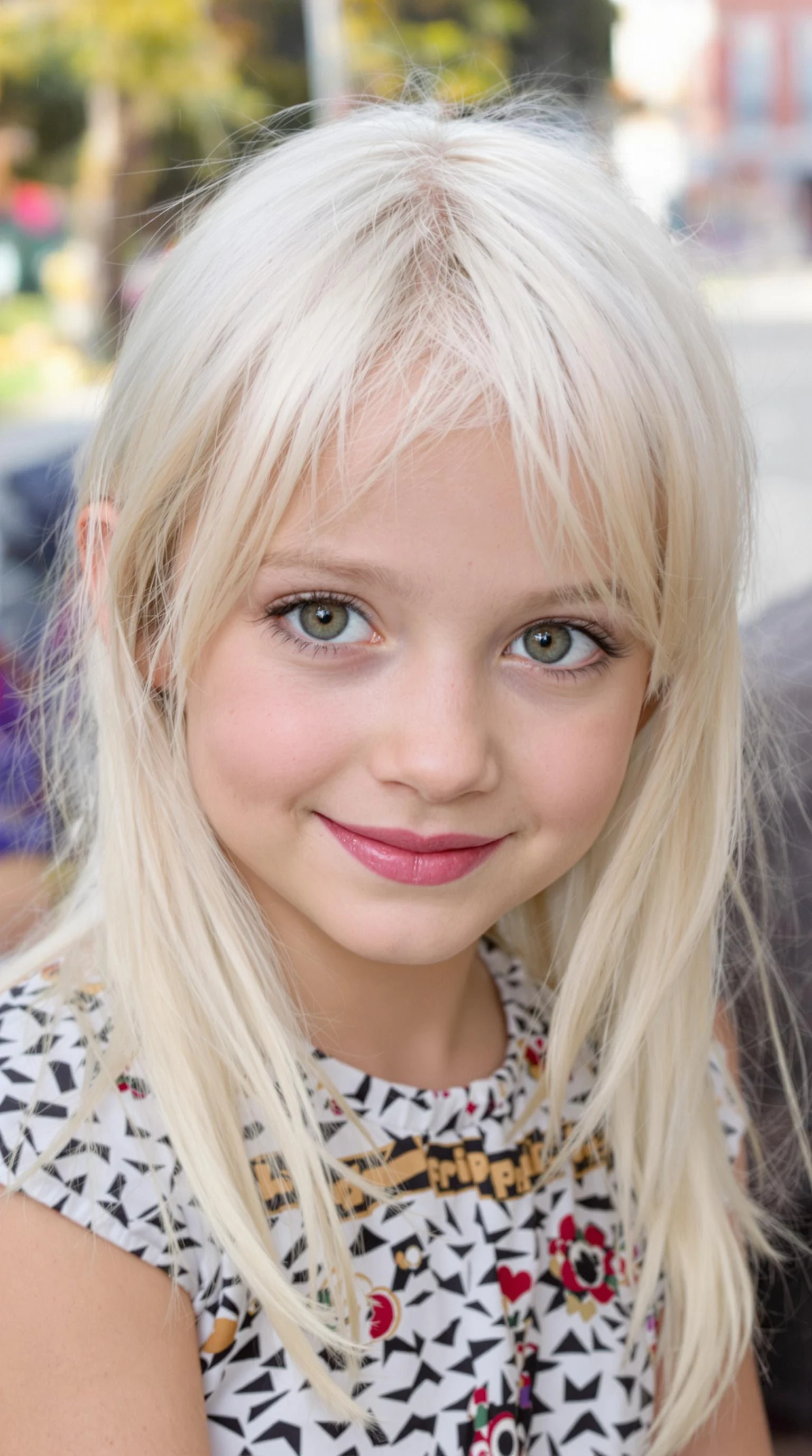 portrait of petite young girl looking to camera, beautiful big green eyes, platinum hair with little green shade, nice smile
