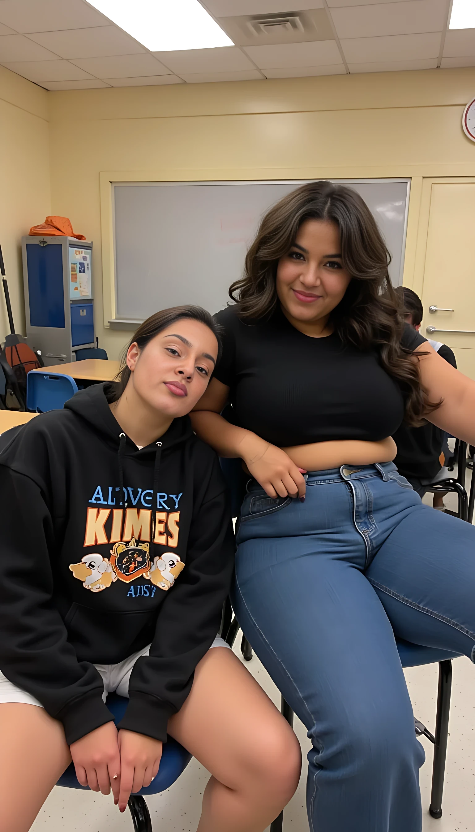 boring low quality snapchat photo circa 2005, cute women, two friends, one koraen and one indian canadian, booth are 18 years old, koraen is slim and wearing hoodie and shorts, indian canadian is chubby and curvy and wearing crop top and jean pant. Both are sitting in school hostal room 