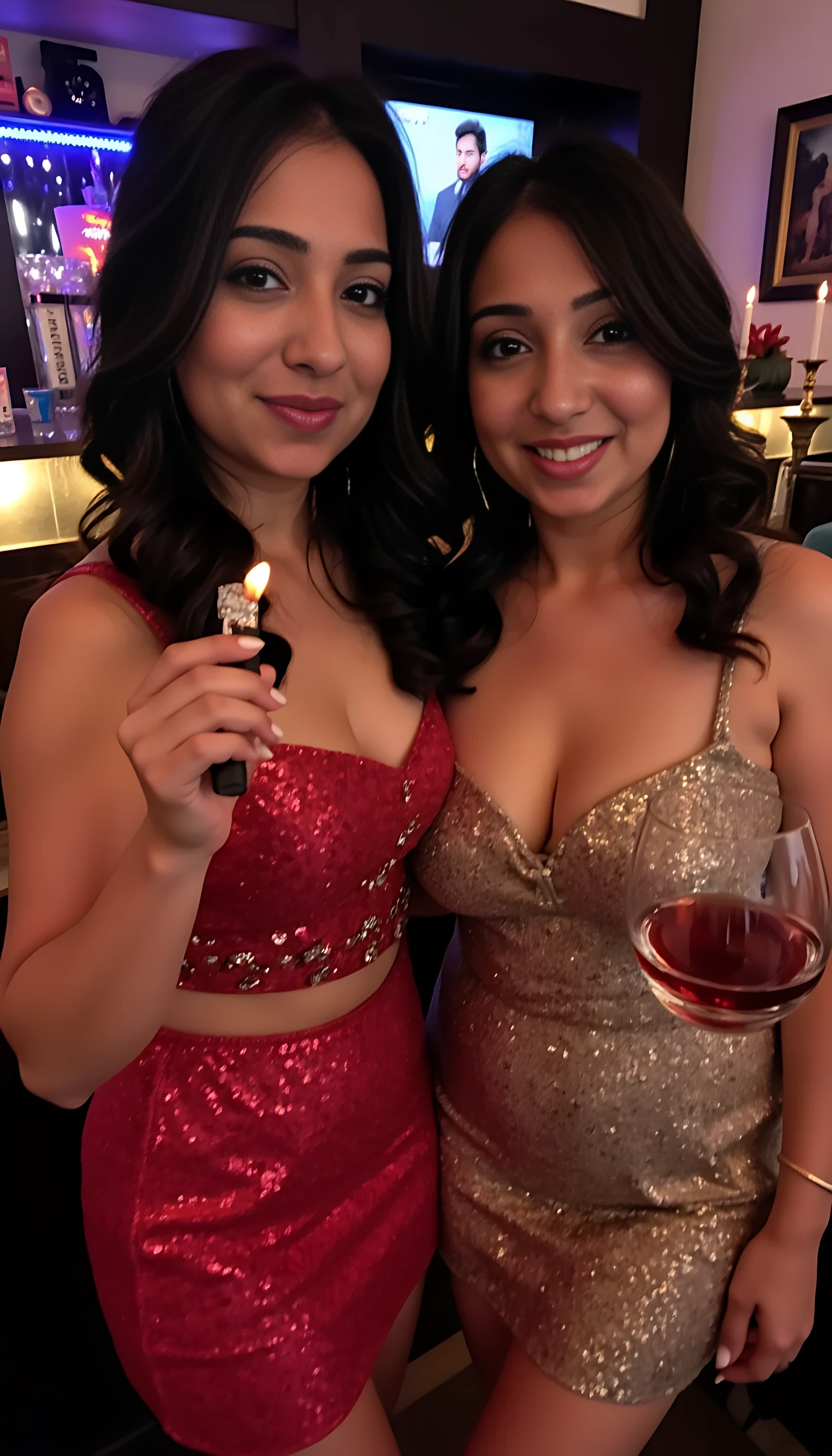 Photograph of two smiling young women in a dimly lit bar. The woman on the left wears a glittery red dress, holding a burning cigar , and the woman on the right, in a sequined dress, holds a glass of red wine. Background features neon lights, candles, and a framed painting. Both have large breast and deep cleavages