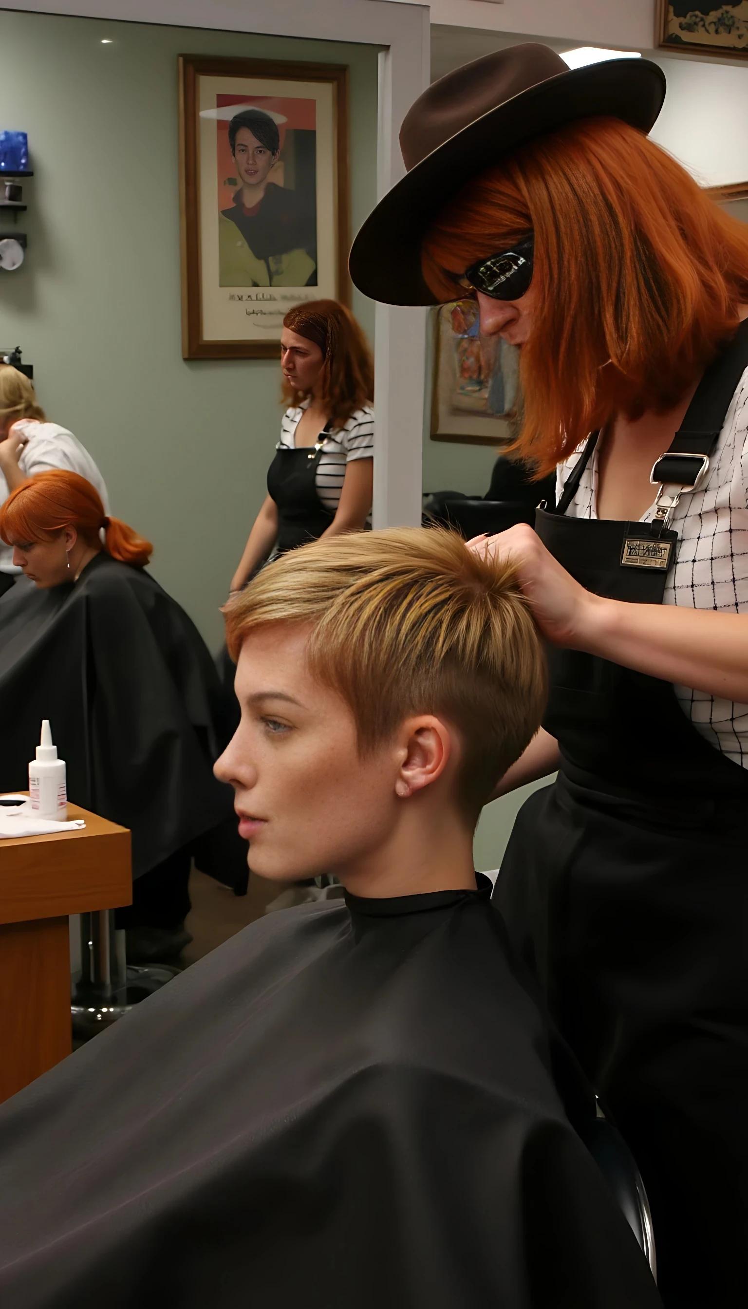 A short natural redhead pixie cut on a women. An eye patch on the just the left eye covering it. A brown cowboy hat.  Realistic high quality photo. A long haired blonde sits in a barber chair humiliated as the redhead shaves the blonde lady’s hair off. 