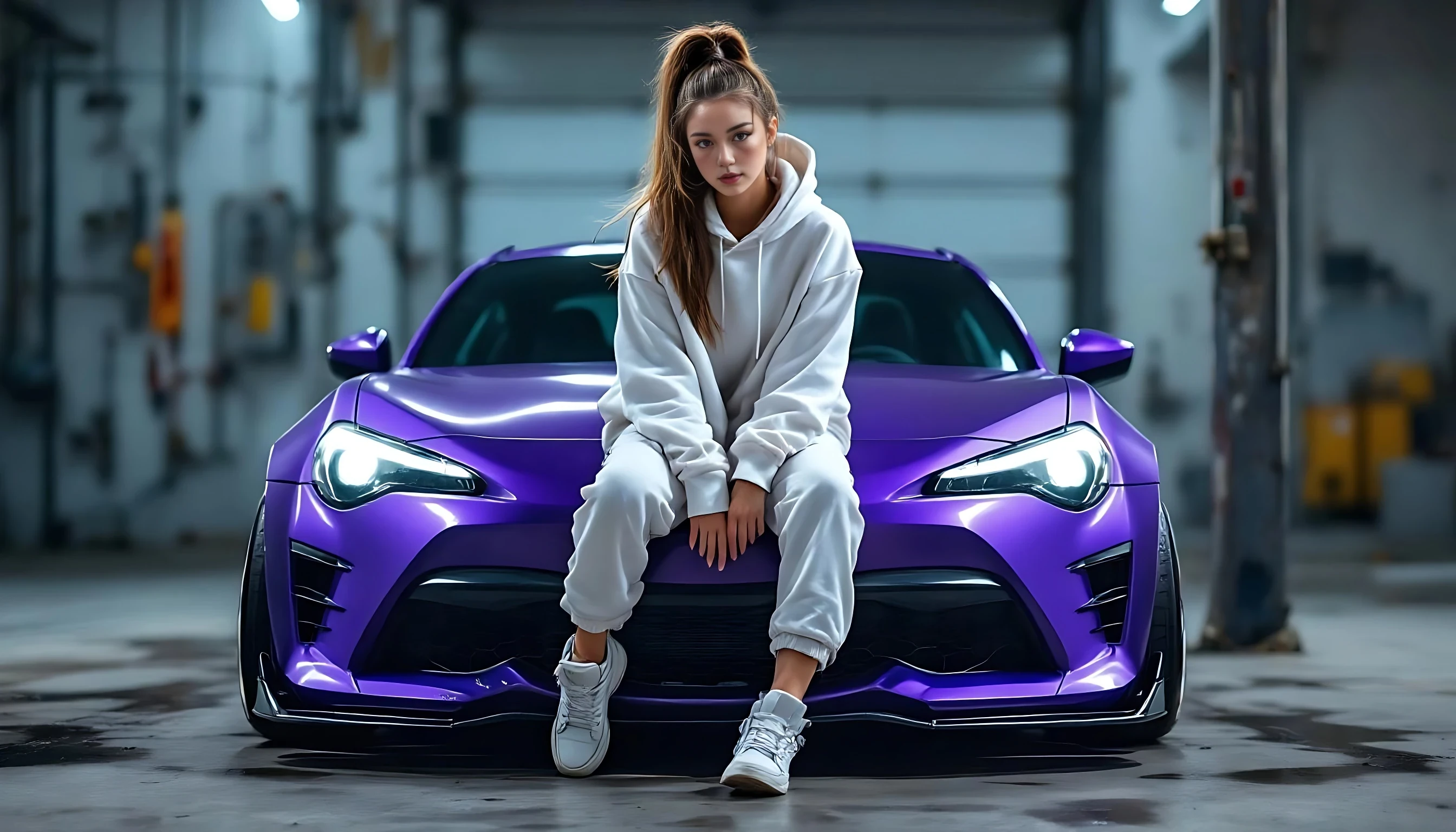 A sporty young woman sitting casually on the hood of a modified purple Toyota 86, wearing an oversized white hoodie, high ponytail, and white sneakers, full body in frame, industrial garage background with soft dramatic lighting.urban car model photoshoot.


negative prompt:  blurry, low resolution, low quality, distorted face, extra limbs, extra fingers, missing fingers, deformed hands, unnatural skin texture, overexposed, underexposed, bad anatomy, disfigured, mutated, duplicate face, fused limbs, exaggerated features, unrealistic eyes, anime style, cartoon, doll-like, glitch, watermark, text, logo, grain, noisy background, jpeg artifacts, lens distortion, fisheye,deformed hands, extra fingers, missing fingers, double face, bad anatomy, blurry face, disfigured, bad proportions, low quality, artifact, mutated limbs, asymmetrical eyes, face distortion, incorrect lighting, extra limbs, low quality, bad anatomy, disfigured, mutated, deformed, extra limbs, extra fingers, missing fingers, blurry face, ugly face, inconsistent face, bad hands, face distortion, body distortion, duplicate face, glitch, watermark, logo, text,no text,no watermark,no extra fingers no blurry face
