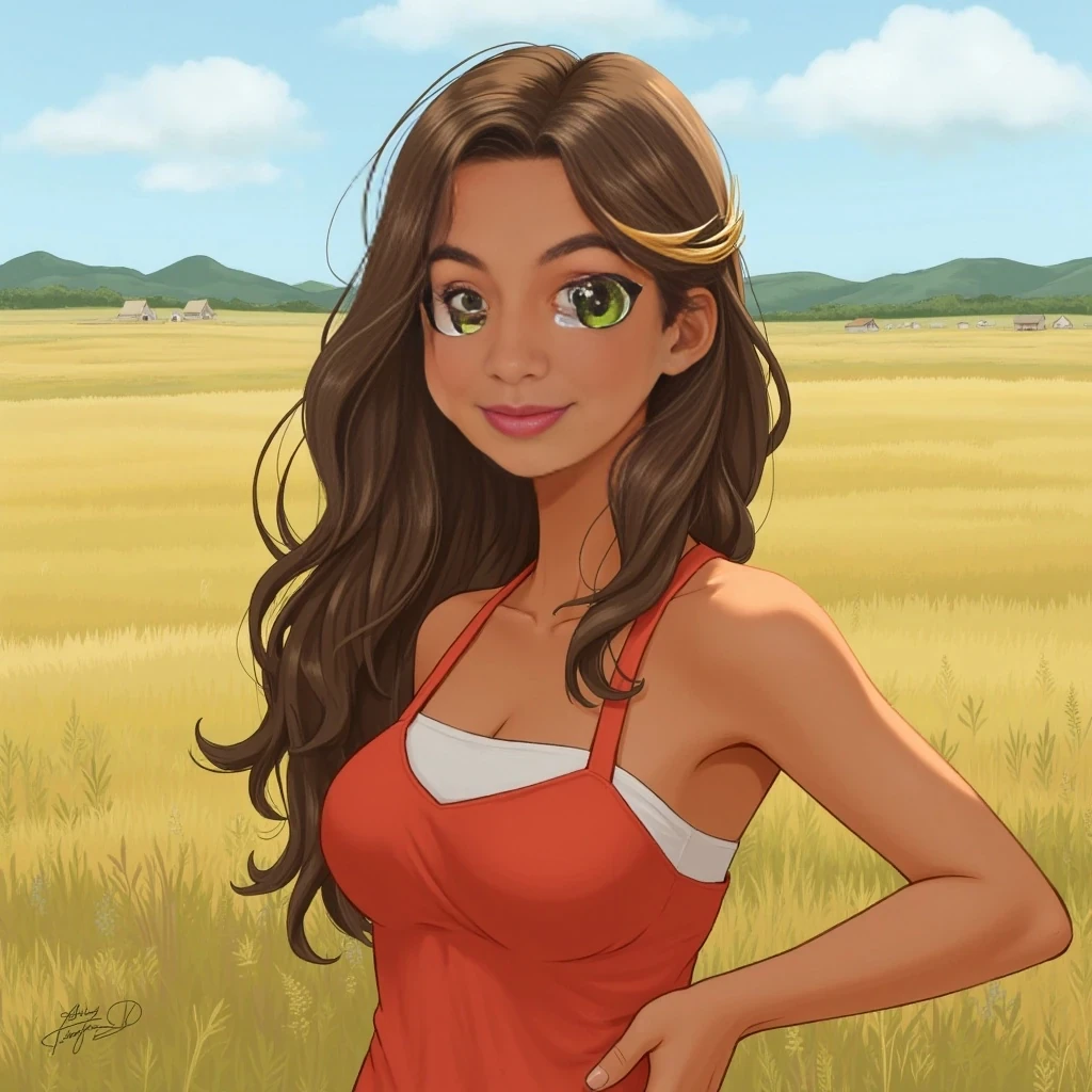 age 20, tanned skin, clear face, long hair brown with blonde highlights, big boobs, light green eyes, fit and proportionate figure, 5'4" tall, in a sundress, in a field