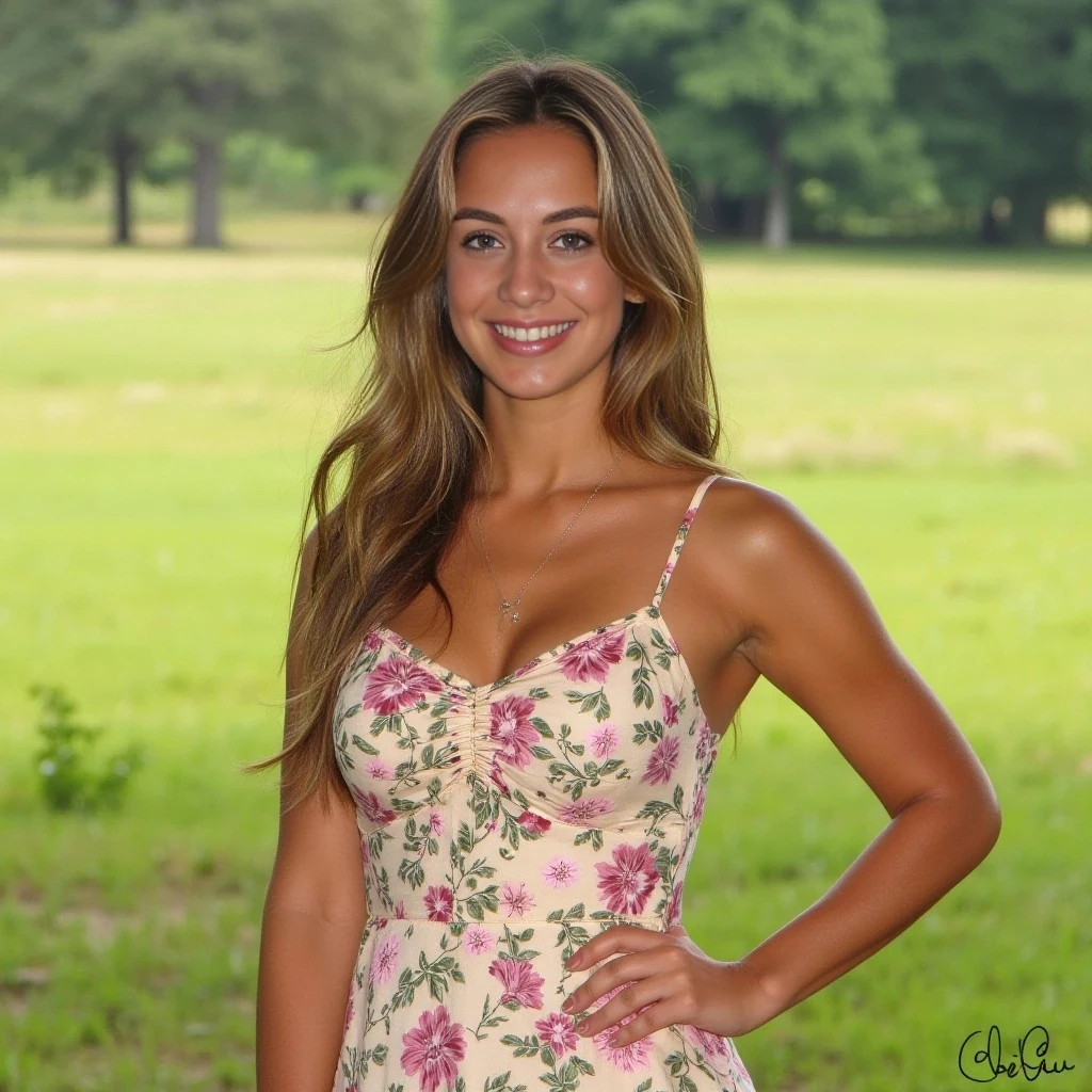 age 20, tanned skin, clear face, long hair brown with blonde highlights, big boobs, light green eyes, fit and proportionate figure, 5'4" tall, in a sundress, in a field