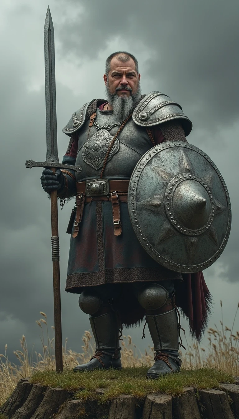 CSTMDL as grey bearded Viking with a viking sword and stylish viking silver shiny Plate armour , standing in warpose on the grassy hill of a treestump and hold the viking sword forward high over the shield with the left hand,  in his right hand he hold a typically fine ornated metal Viking shield a Black Horse on his side
