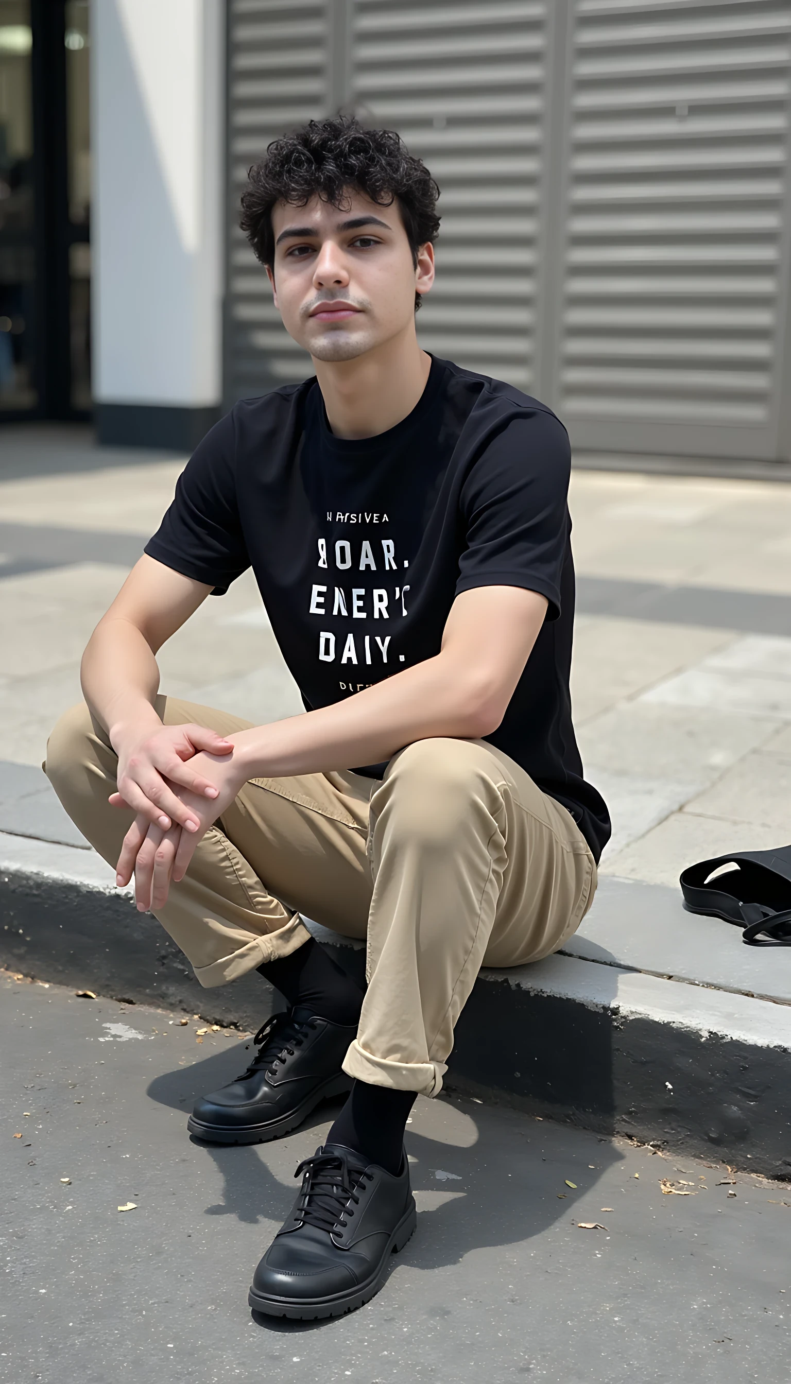 CSTMDL handsome 20 year old man A man sitting casually on a street curb, elbows on knees, casual outfit with a graphic tee and rolled-up chinos, minimal accessories, backpack on the ground, neutral facial expression, soft shadows, urban but calm vibe, hyper-realistic street texture